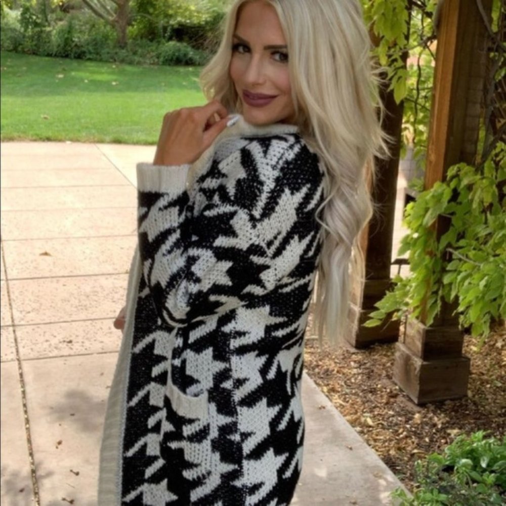 Houndstooth Open Cardigan Sweater M/L - Picture 3 of 4